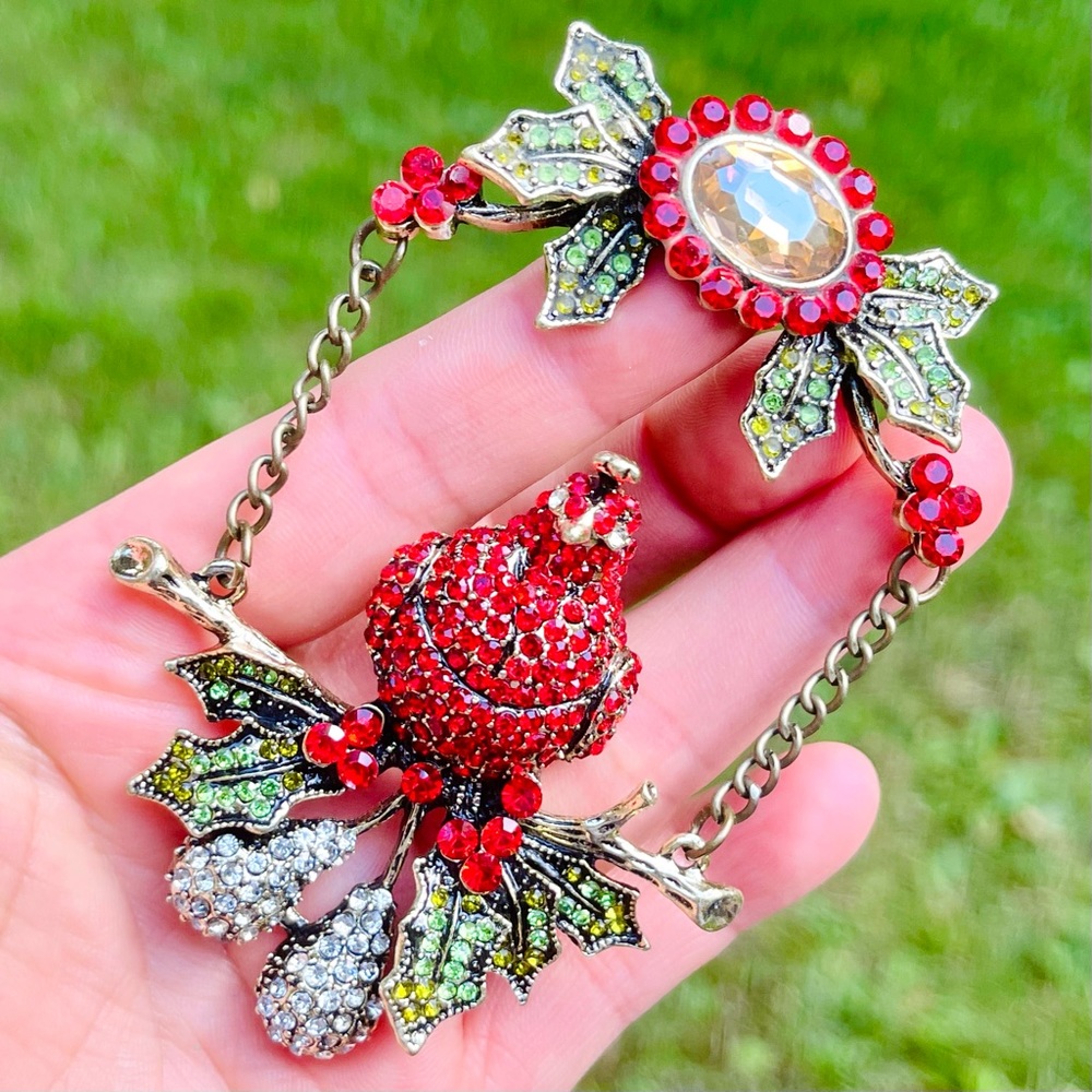 Large Christmas Swing Red Cardinal Brooch Rhinestone Cardinal Pin Christmas Pin